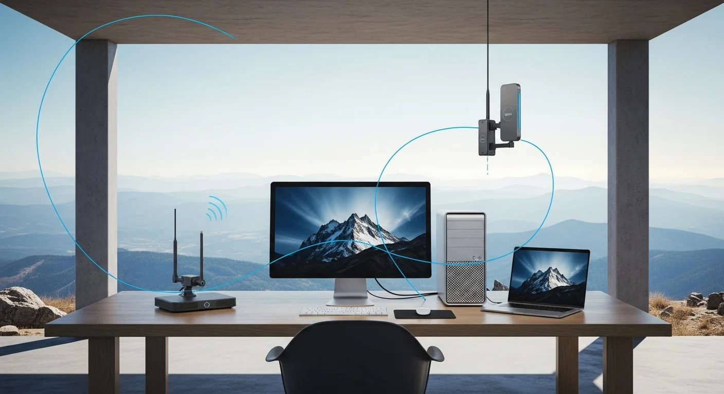 Una oficina moderna en una ubicación remota con una computadora de escritorio y una laptop conectadas a internet a través de una antena y un modem satelital.