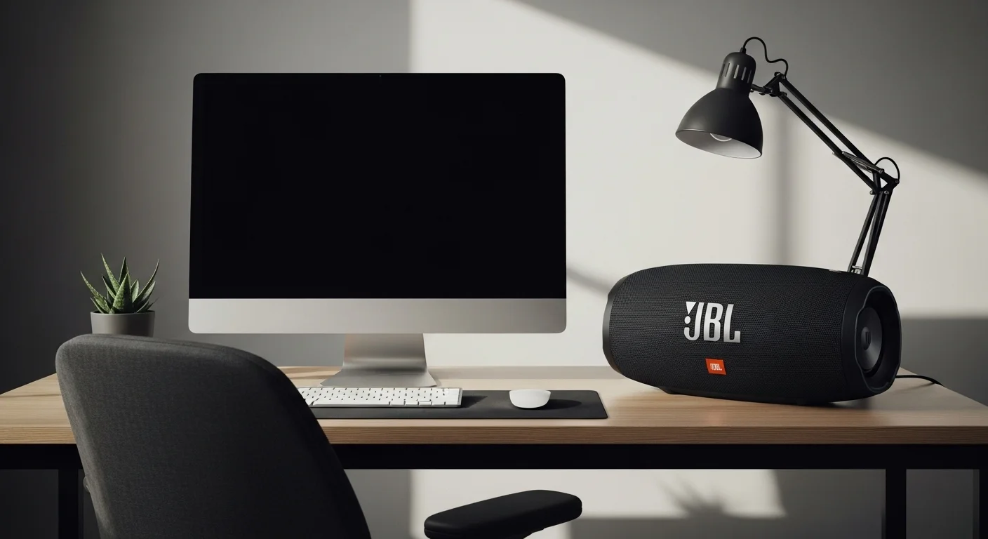 Escritorio de oficina con una computadora de escritorio, un monitor grande y una bocina jbl bluetooth grande PartyBox a un lado, ilustrando una configuración de audio potente para el trabajo y el entretenimiento.
