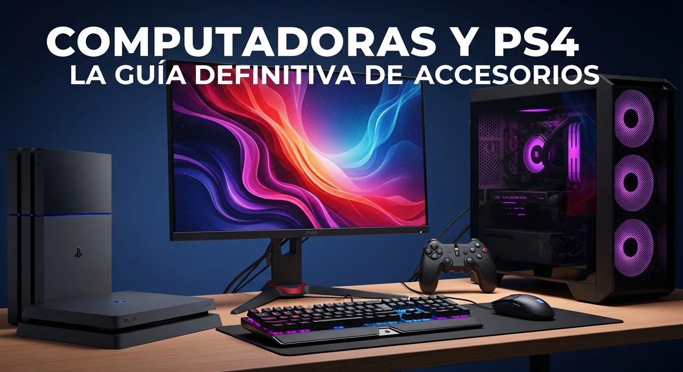 Configuración de gaming profesional con computadoras y una consola PS4, mostrando un monitor de alta gama y periféricos iluminados.