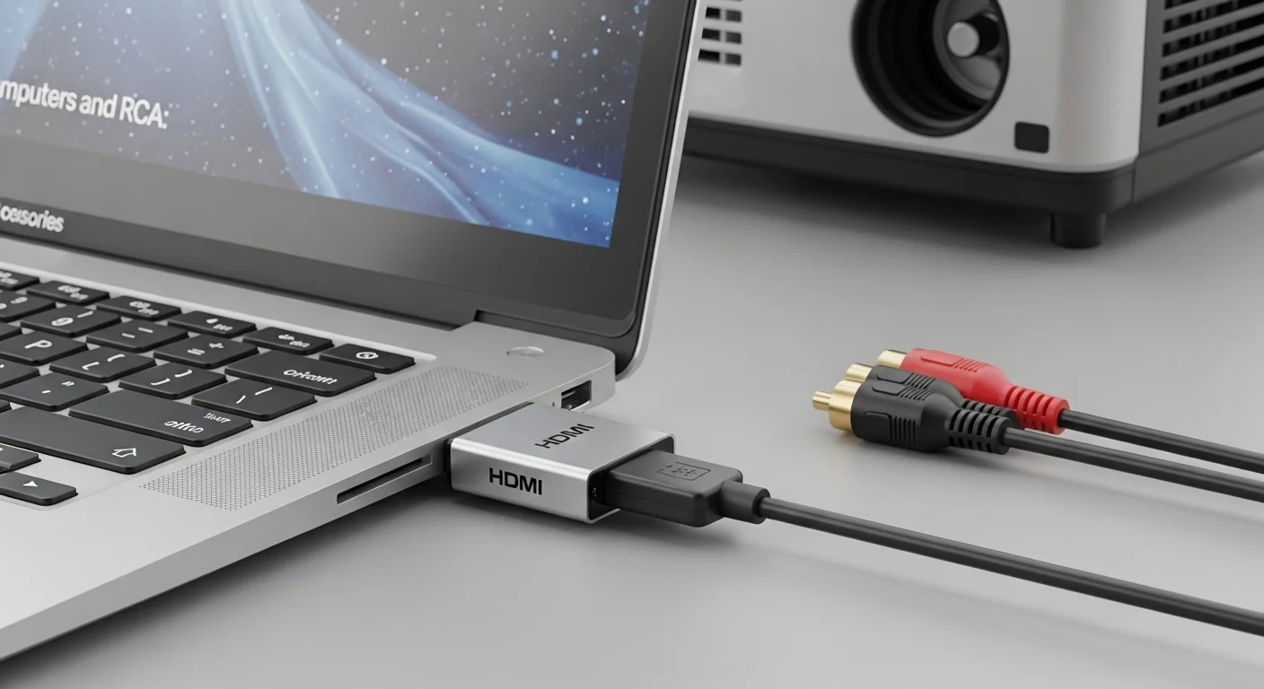 Un convertidor de HDMI a RCA conectado al puerto HDMI de una computadora moderna, con los cables RCA listos para conectarse a un dispositivo analógico como un proyector o TV.