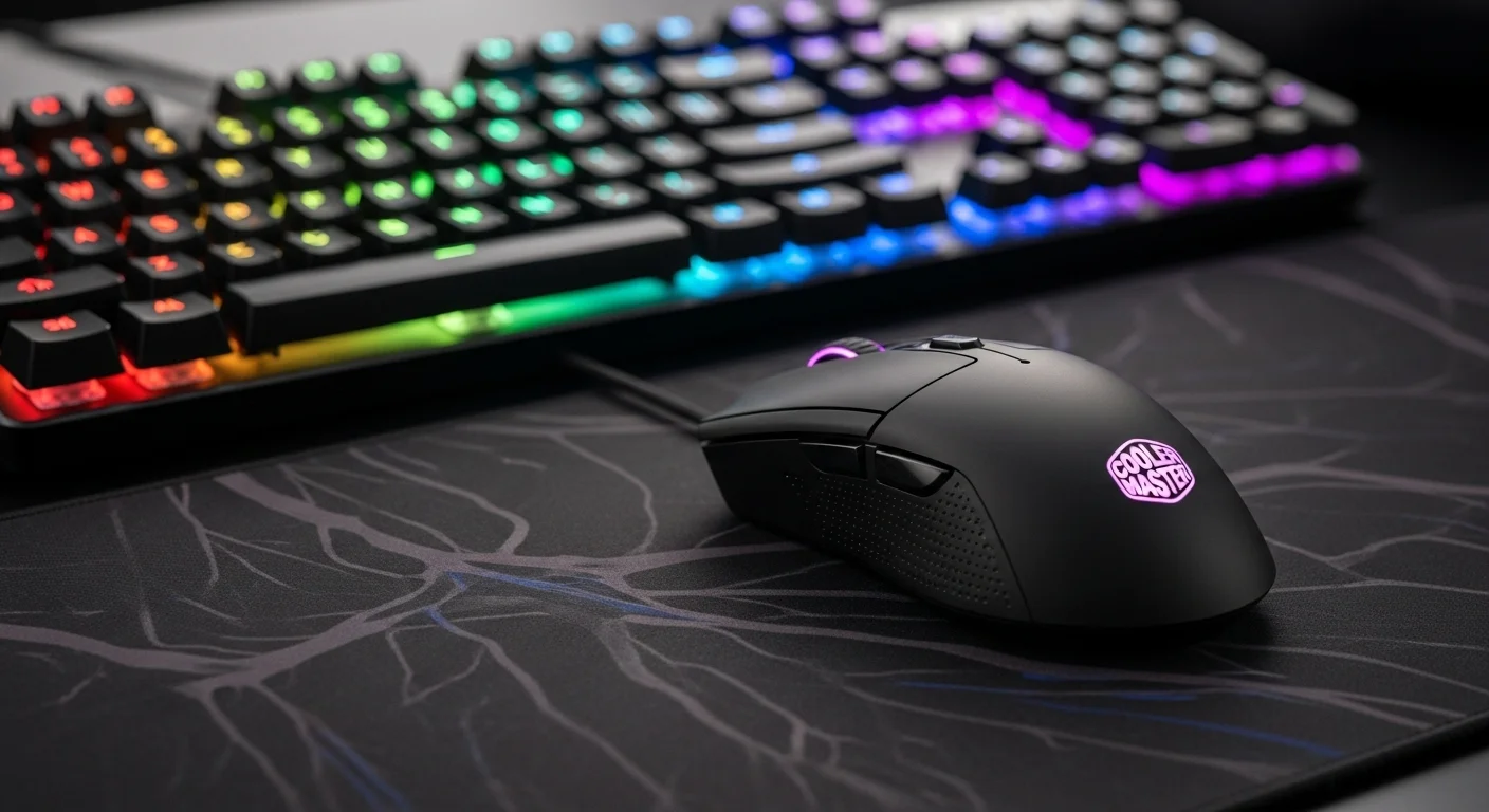 Mouse Cooler Master MM710 sobre una alfombrilla junto a un teclado iluminado, representando un setup de computadoras de alto rendimiento.
