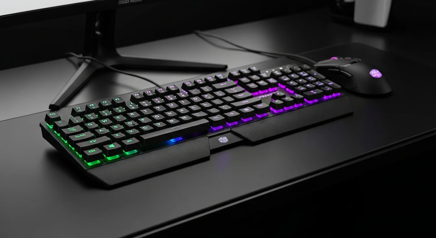 Una composición de periféricos Cooler Master, incluyendo un ratón y un teclado iluminados con RGB, sobre un escritorio de computadoras moderno.