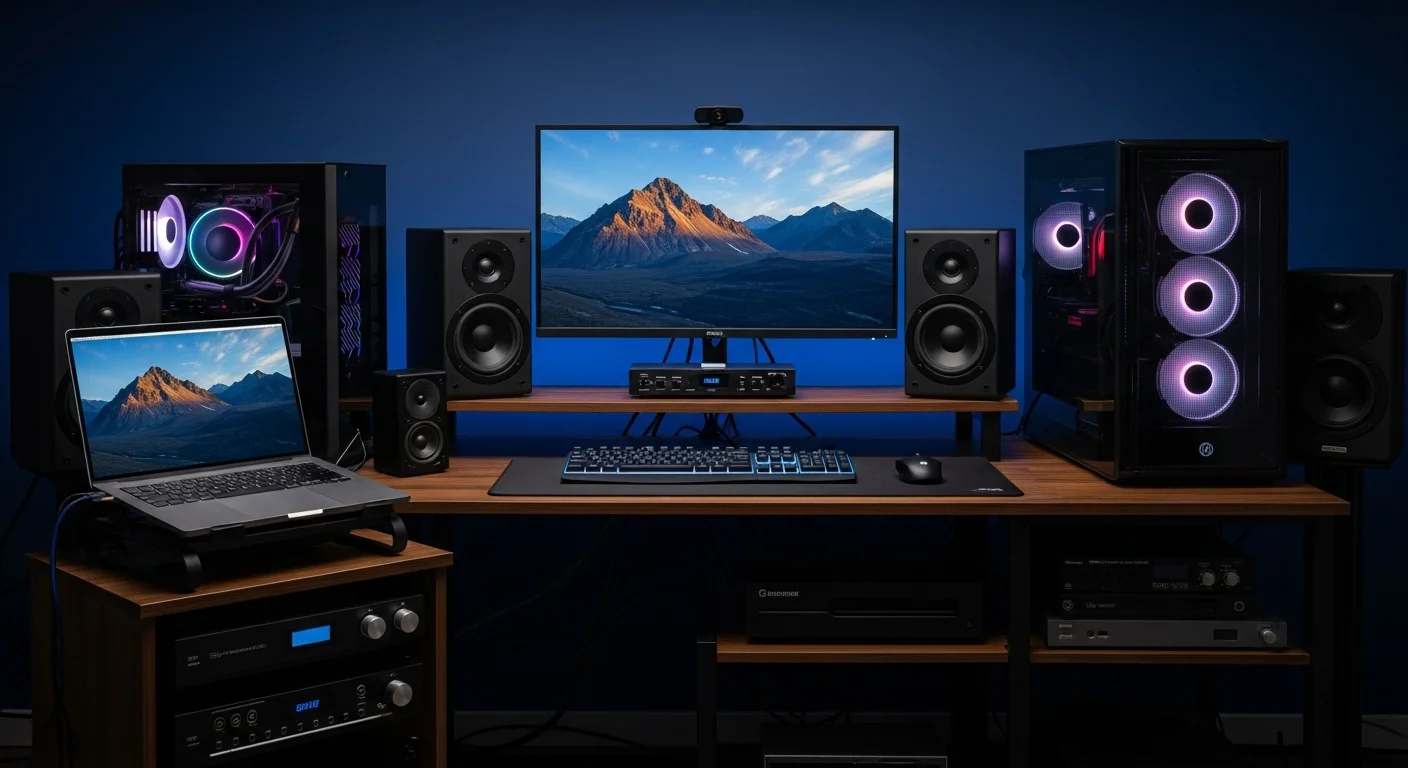 Moderno setup de computadoras con varias cornetas de alta fidelidad, una laptop y luces RGB en un escritorio bien organizado.