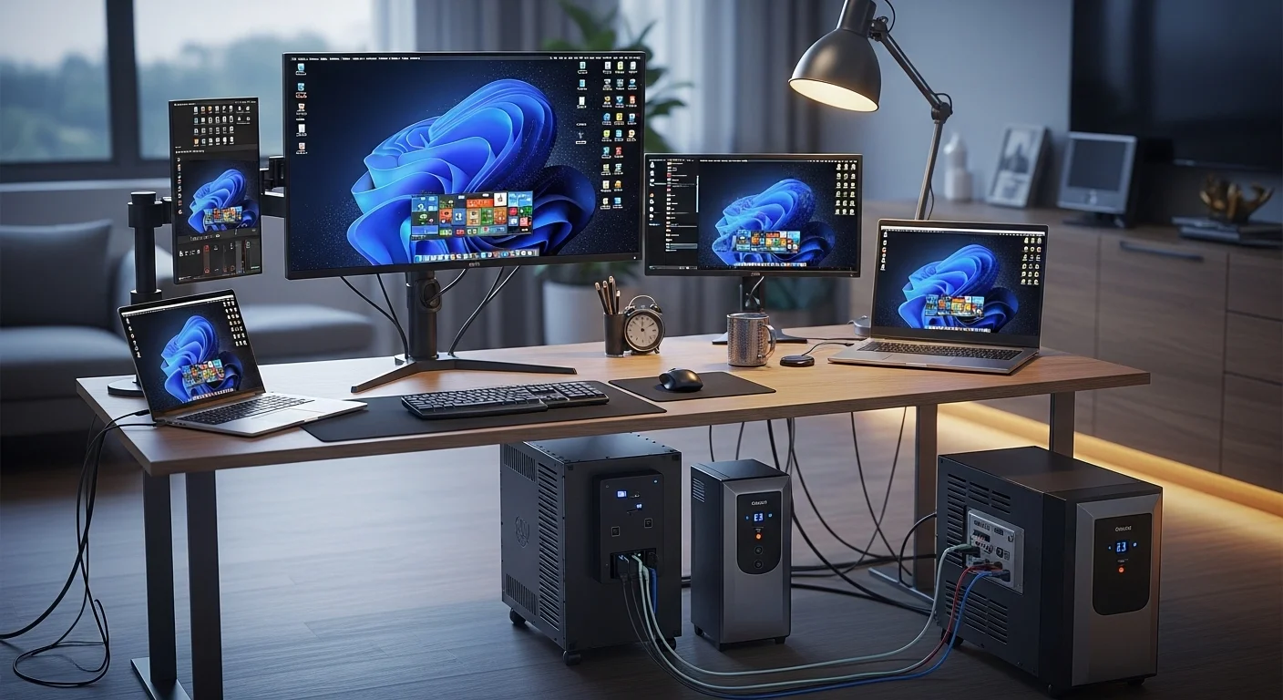 Una estación de trabajo moderna con múltiples monitores, una laptop y periféricos, todos conectados a un sistema de gestión de corriente con un UPS y un supresor de picos, simbolizando la importancia de la corriente para computadoras.