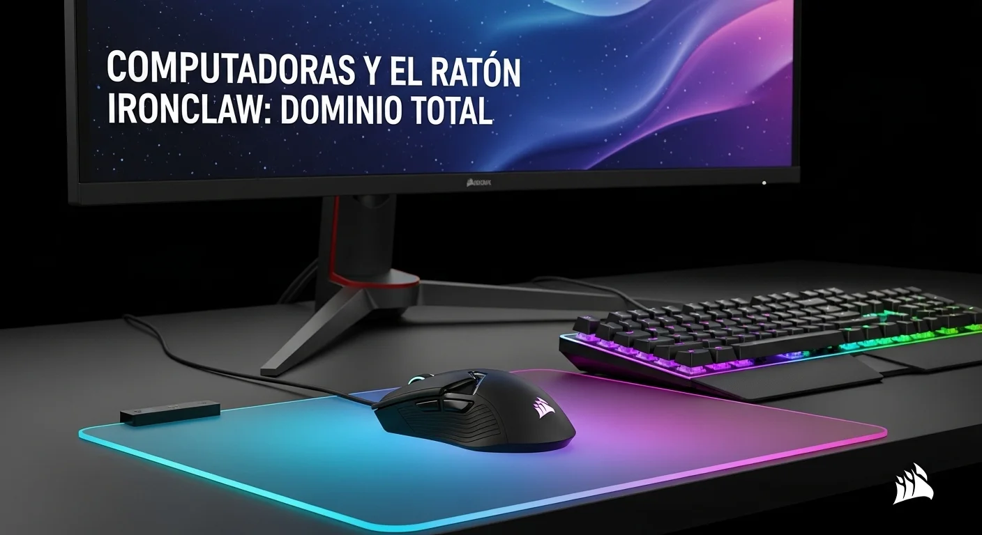 Ratón Corsair Ironclaw RGB Wireless sobre un mousepad iluminado, al lado de un teclado y un monitor de computadora para gaming