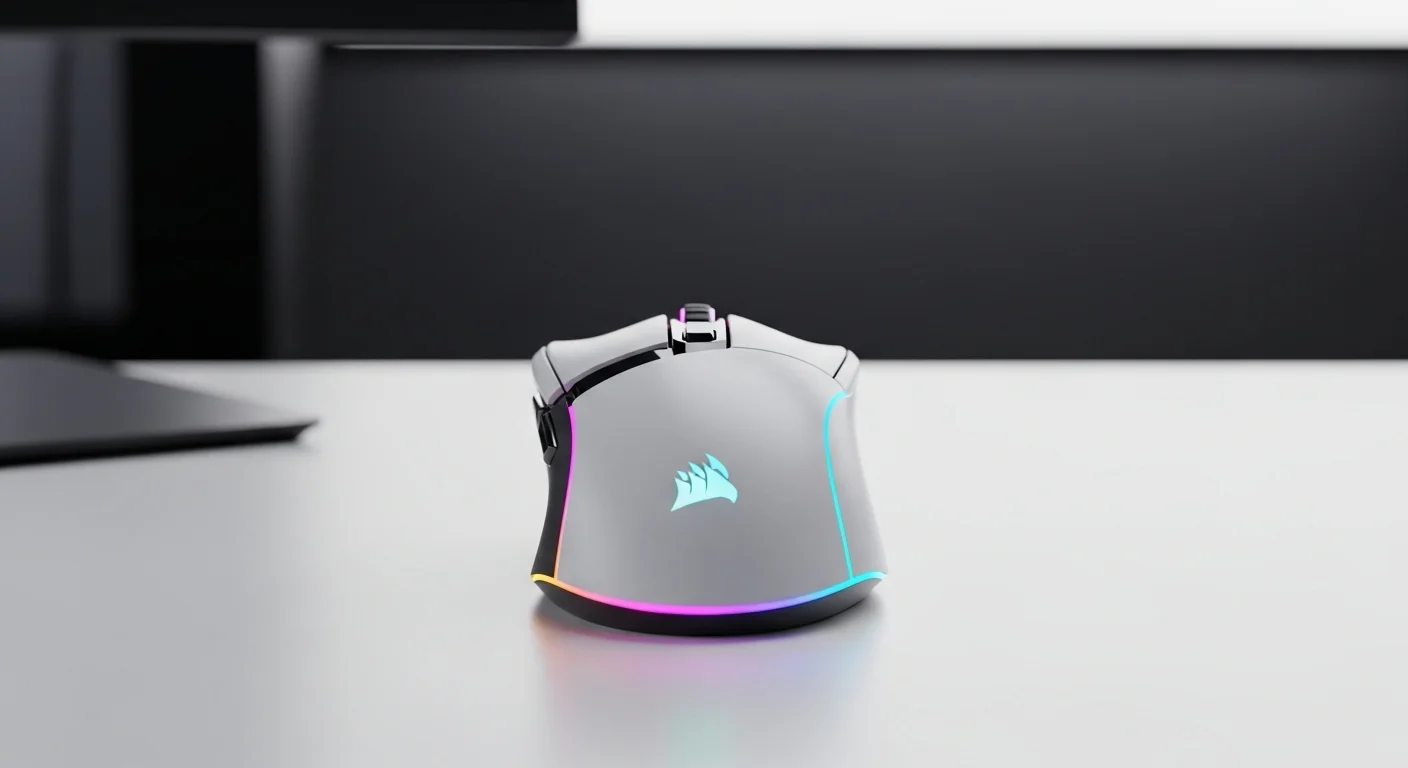 Mouse Corsair M65 RGB Ultra Wireless blanco sobre un escritorio iluminado, representando la tecnología de punta para computadoras gaming