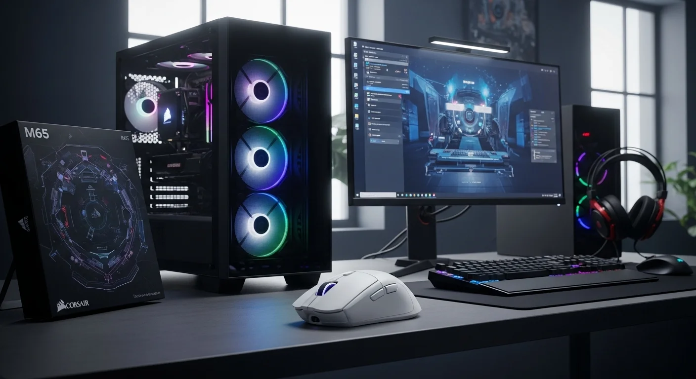 Mouse Corsair M65 Ultra Wireless color blanco sobre un escritorio junto a varias computadoras y equipo de tecnología, destacando su diseño ergonómico.