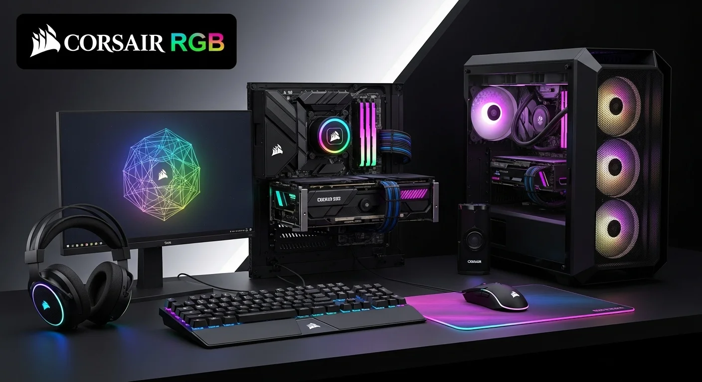 Un setup completo de computadora gamer iluminado con el ecosistema Corsair RGB, mostrando teclado, ratón, ventiladores y memoria RAM sincronizados.