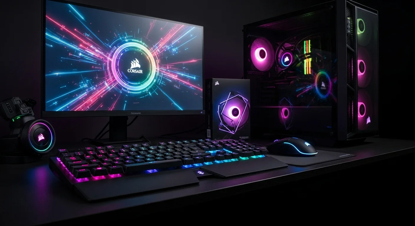 Un setup de gaming iluminado con computadoras y periféricos Corsair, destacando un teclado y mouse RGB