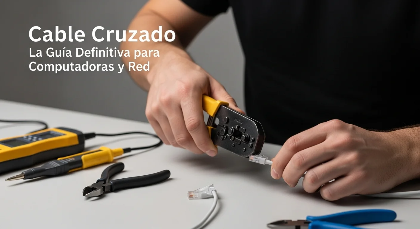 Manos de un técnico utilizando una crimpadora para ensamblar un conector RJ45 en un cable UTP cruzado, con herramientas de red alrededor.