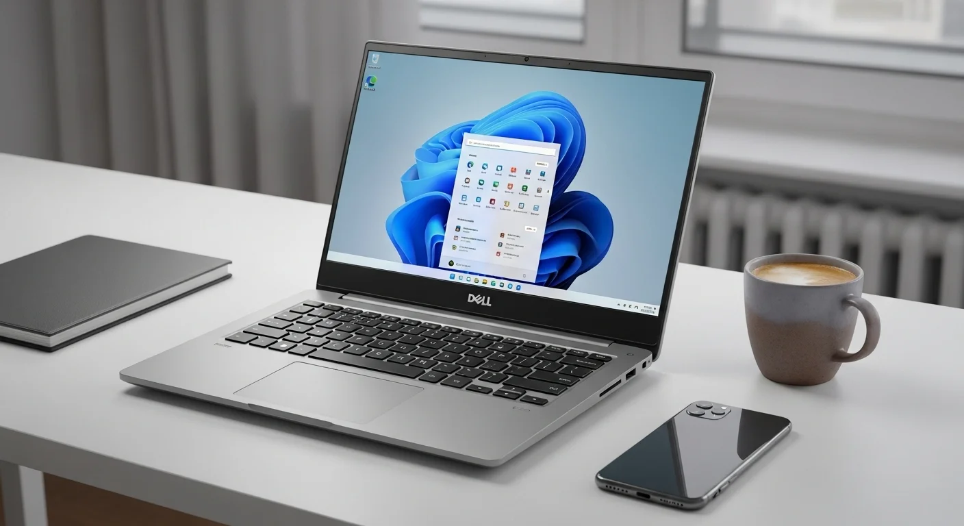 Una computadora portátil Dell 15 3000 abierta sobre un escritorio moderno, mostrando la pantalla y el teclado, junto a un smartphone y una taza de café, representando un espacio de trabajo tecnológico.