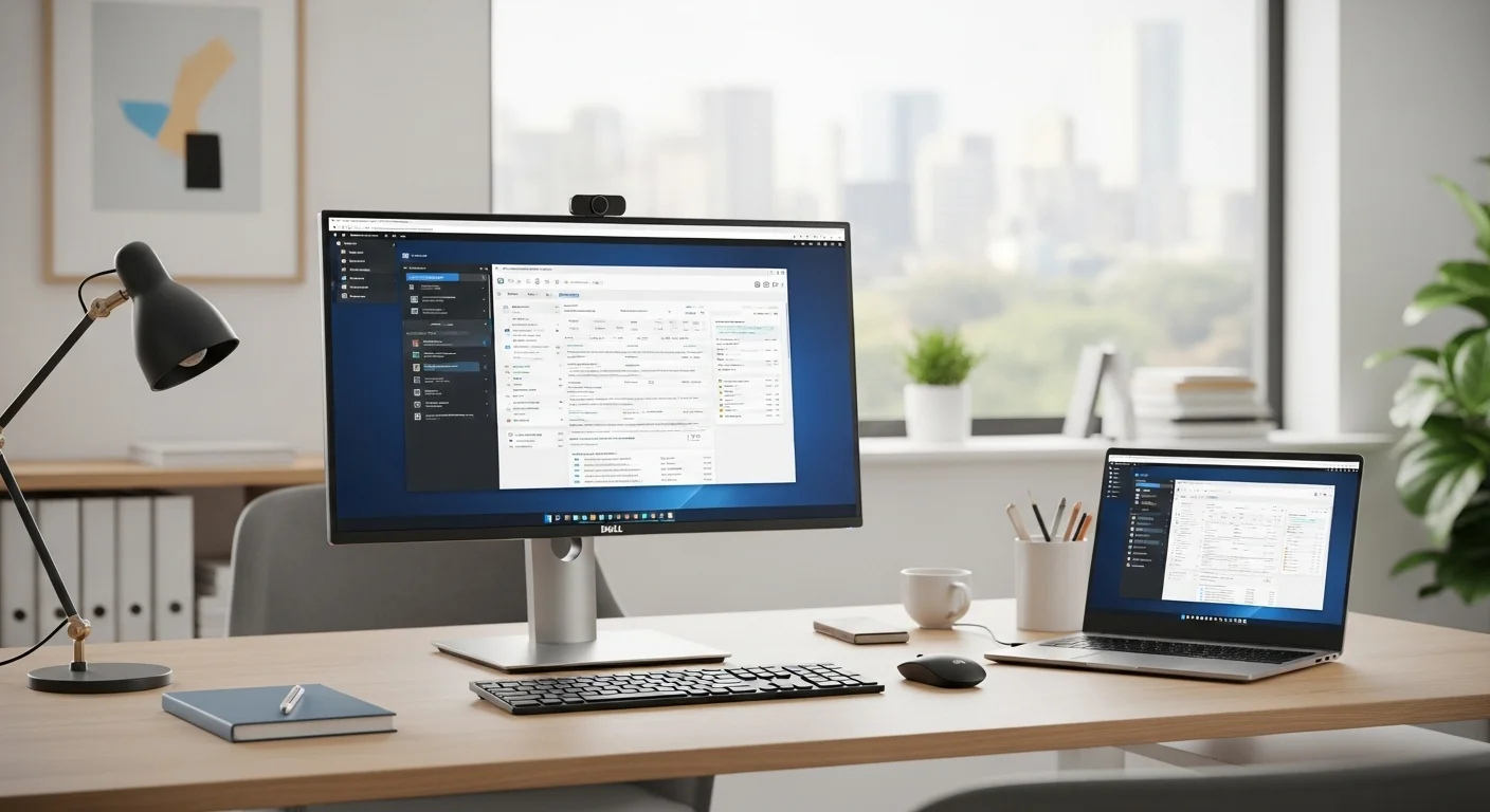 Escritorio de oficina moderno con un monitor Dell 27 4K y una laptop, mostrando un entorno de trabajo productivo con computadoras Dell.
