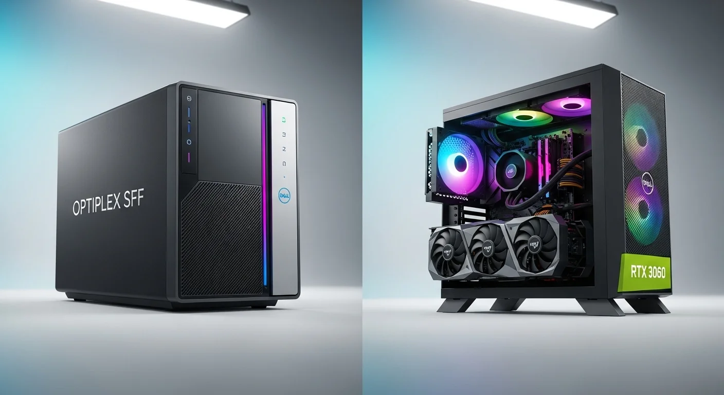 Collage de computadoras Dell 3060, mostrando un OptiPlex SFF junto a un PC para juegos con iluminación RGB y una tarjeta RTX 3060.