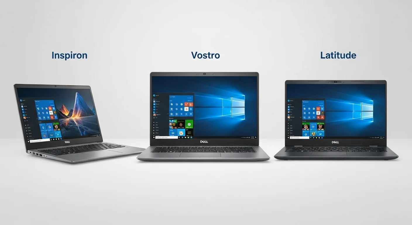 Comparativa de las computadoras Dell Inspiron, Vostro y Latitude 5510 mostrando sus diferentes diseños y usos
