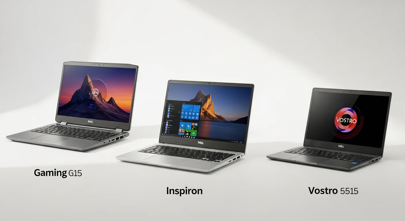 Una composición de las computadoras portátiles Dell G15, Inspiron y Vostro 5515 mostrando sus diferentes diseños para gaming, uso diario y negocios.