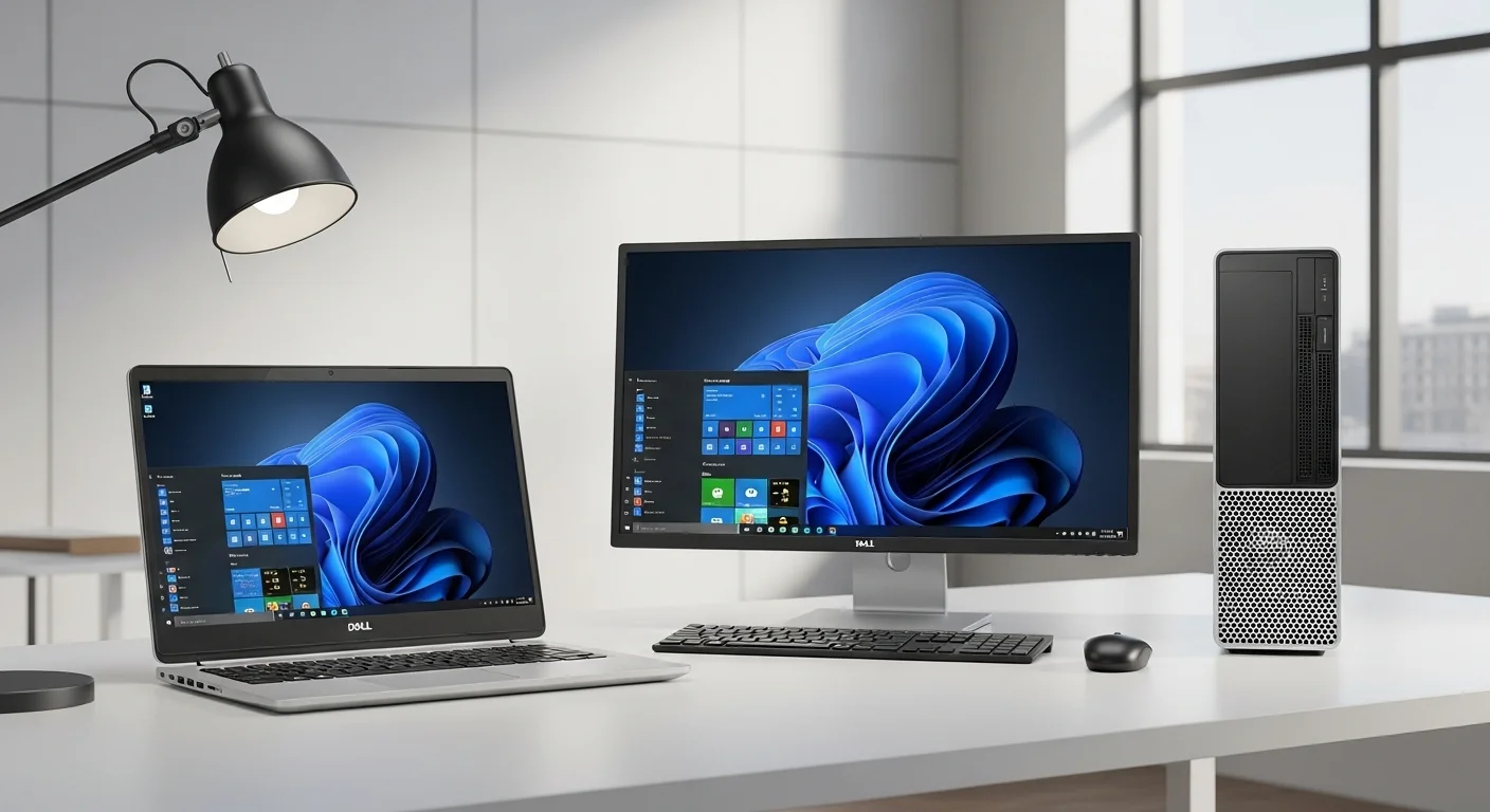 Una composición de computadoras de la serie Dell 7490, mostrando la laptop Dell Latitude 7490 y el Dell OptiPlex 7490 AIO en un entorno de oficina moderno.