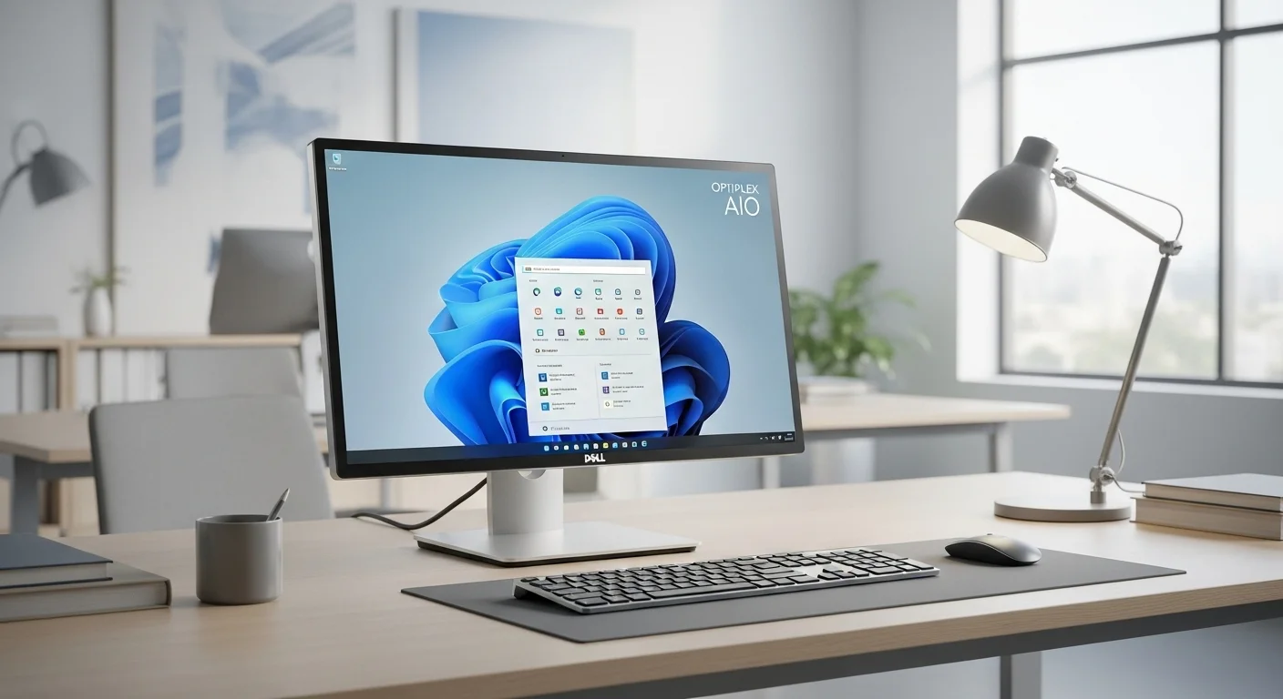 Una computadora Dell AIO Optiplex en un escritorio de oficina moderno y minimalista, mostrando la pantalla y el teclado inalámbrico.