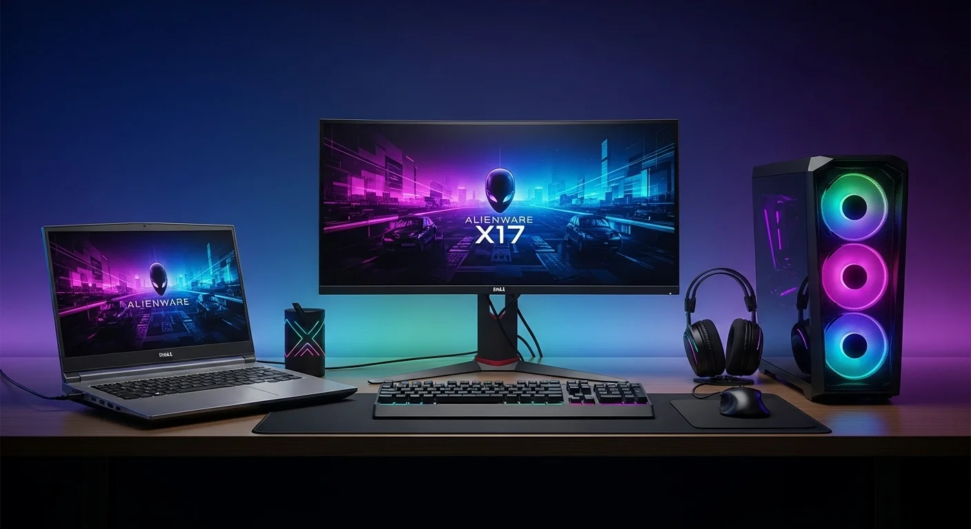 Escritorio de gaming con computadoras Dell Alienware, incluyendo una laptop X17 y un monitor curvo iluminado con luces RGB.