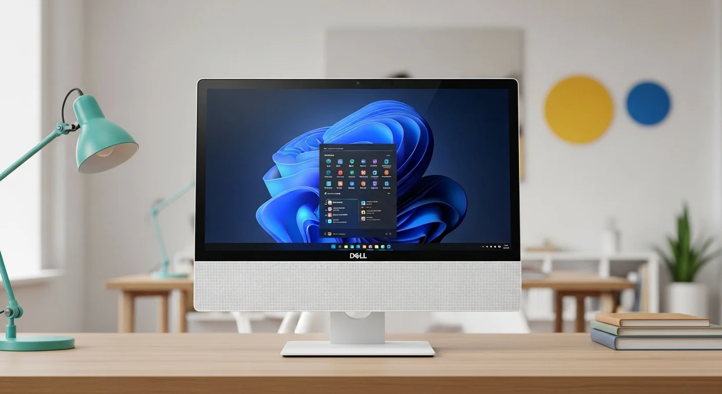 Una computadora Dell All-in-One Inspiron 24 de color blanco sobre un escritorio de madera en una oficina moderna y luminosa.
