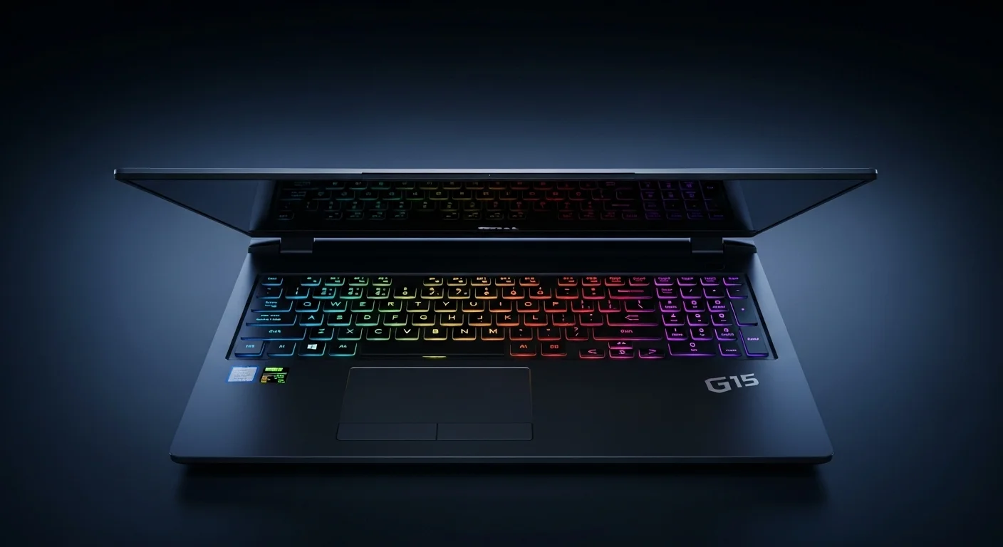 Una laptop Dell G15 abierta mostrando su teclado iluminado en un entorno oscuro, simbolizando el poder de las computadoras para gaming