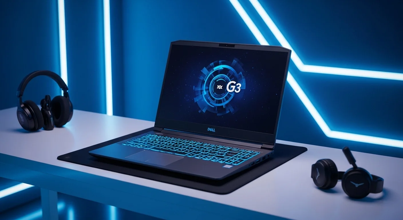 Una computadora portátil Dell G3 sobre un escritorio con iluminación de neón, mostrando su teclado retroiluminado y su diseño orientado al gaming y la tecnología.