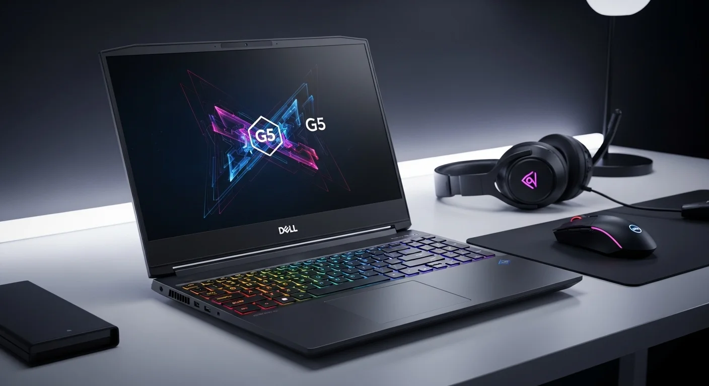 Laptop Dell G5 15 sobre un escritorio, mostrando su diseño para gaming y el teclado retroiluminado, representativo de las computadoras potentes.