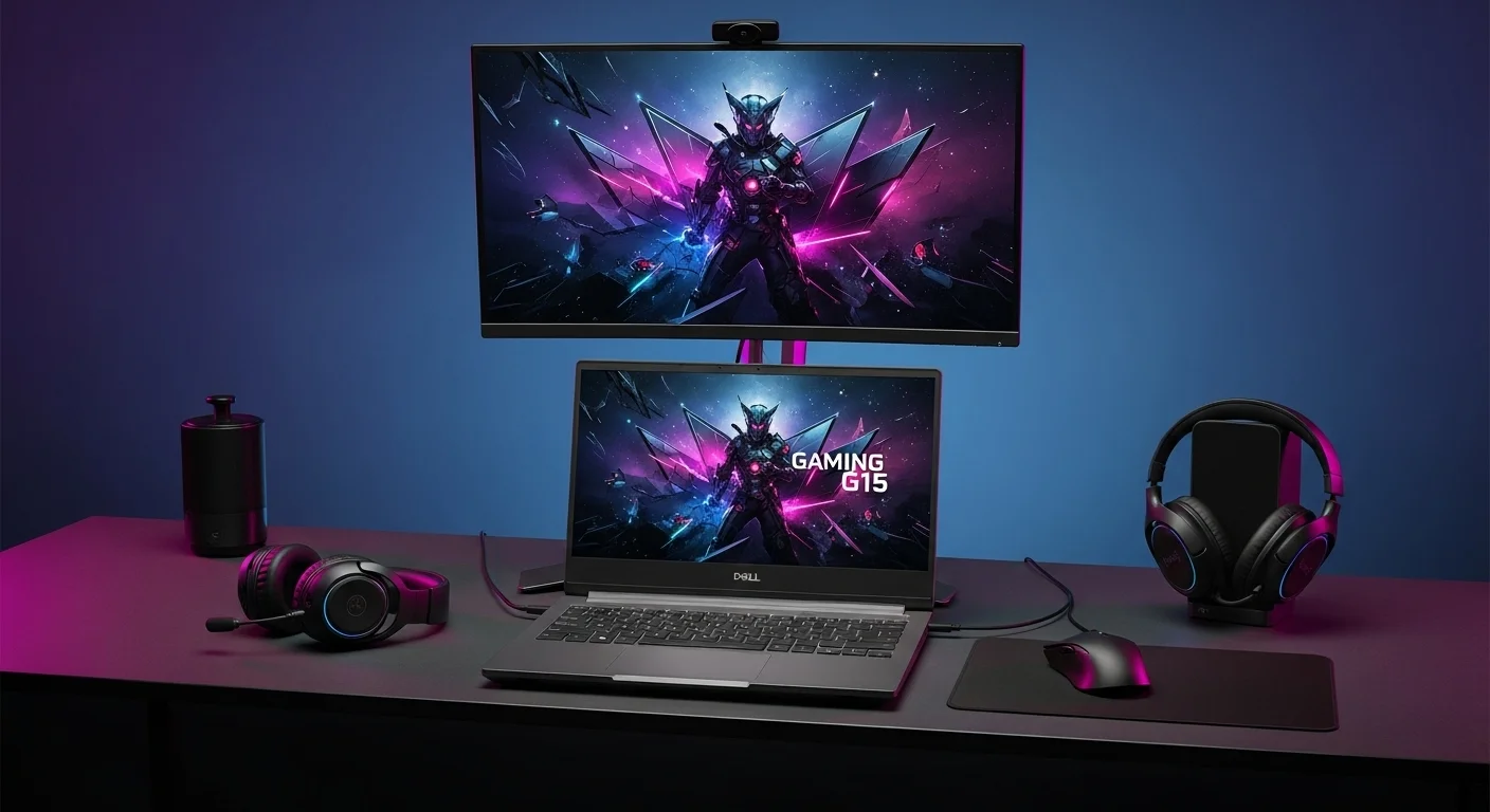 Un escritorio de juego completo con una laptop Dell Gaming G15 conectada a un monitor Dell Gaming, con auriculares y ratón a juego, mostrando el ecosistema completo.