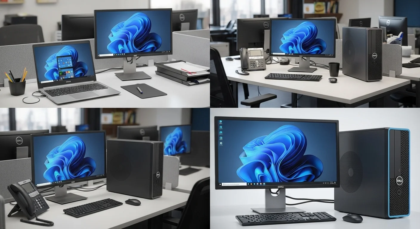 Varias computadoras Dell I3, incluyendo un laptop Latitude y un escritorio OptiPlex en un entorno de oficina moderno