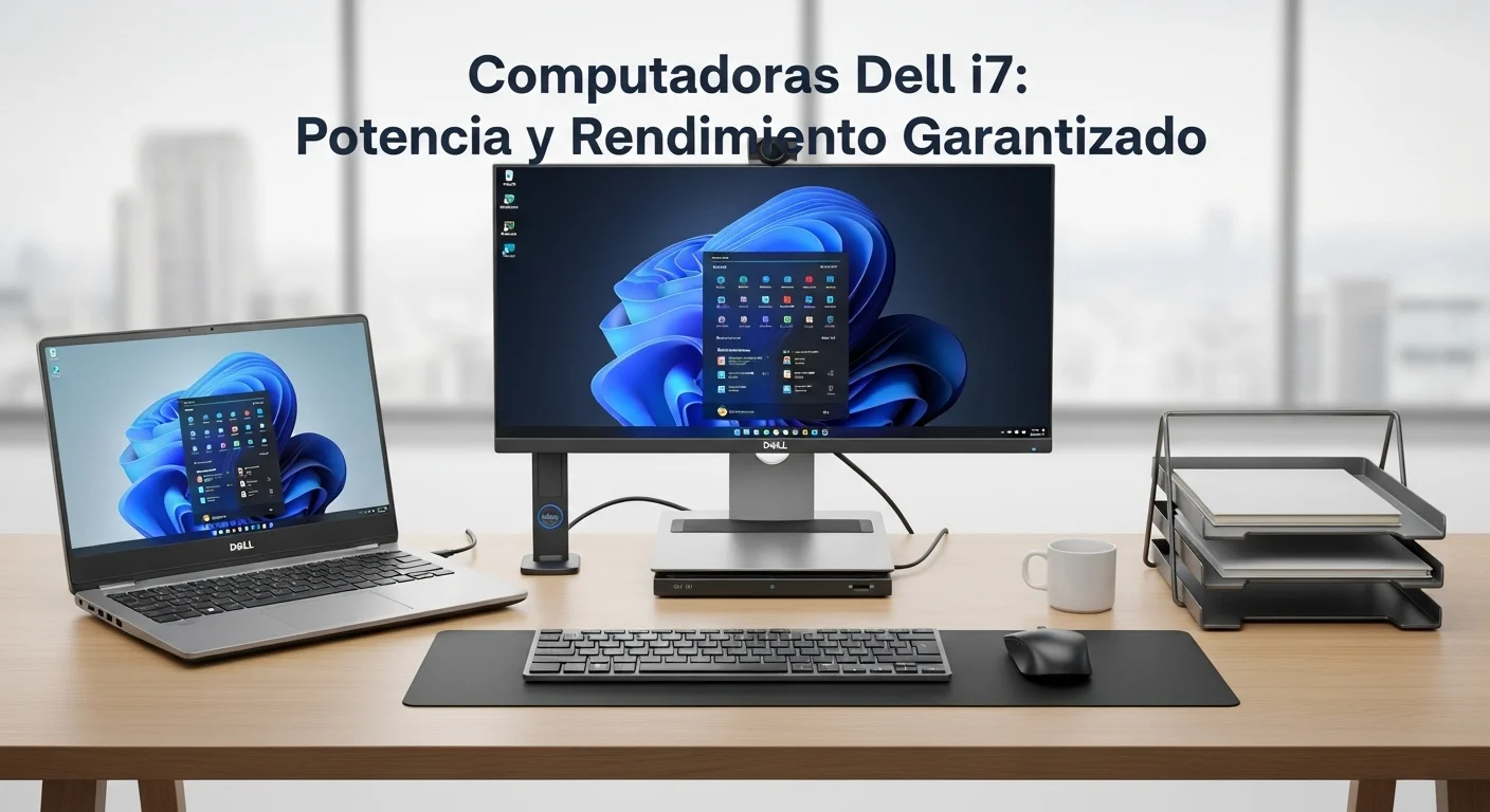Un escritorio de oficina moderno con una laptop dell i7 conectada a un monitor Dell UltraSharp, un dock, teclado y ratón inalámbricos.