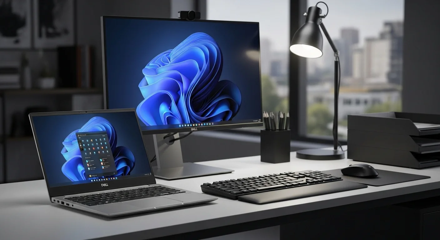 Una laptop Dell Inspiron 13 en un escritorio moderno junto a un monitor, teclado y otros accesorios de oficina, representando el ecosistema de computadoras Dell.