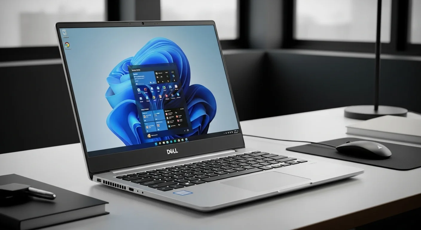 Vista frontal de una computadora laptop Dell Inspiron 3505 abierta, mostrando la pantalla y el teclado en un escritorio de oficina moderno