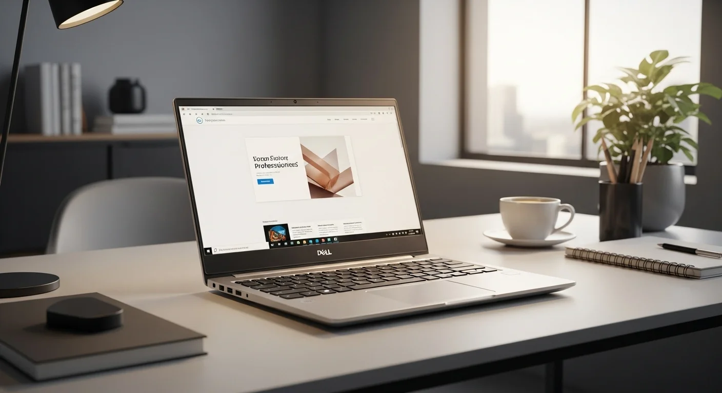 Una computadora portátil Dell Inspiron 5000 sobre un escritorio moderno de oficina, mostrando su diseño elegante y profesional.