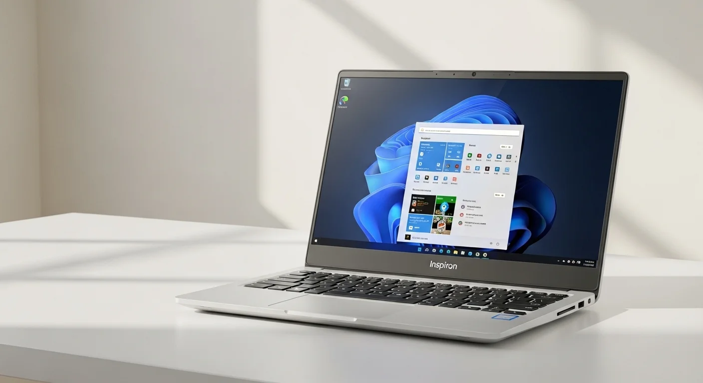 Una computadora portátil Dell Inspiron 5502 abierta sobre un escritorio minimalista, mostrando su pantalla y teclado.