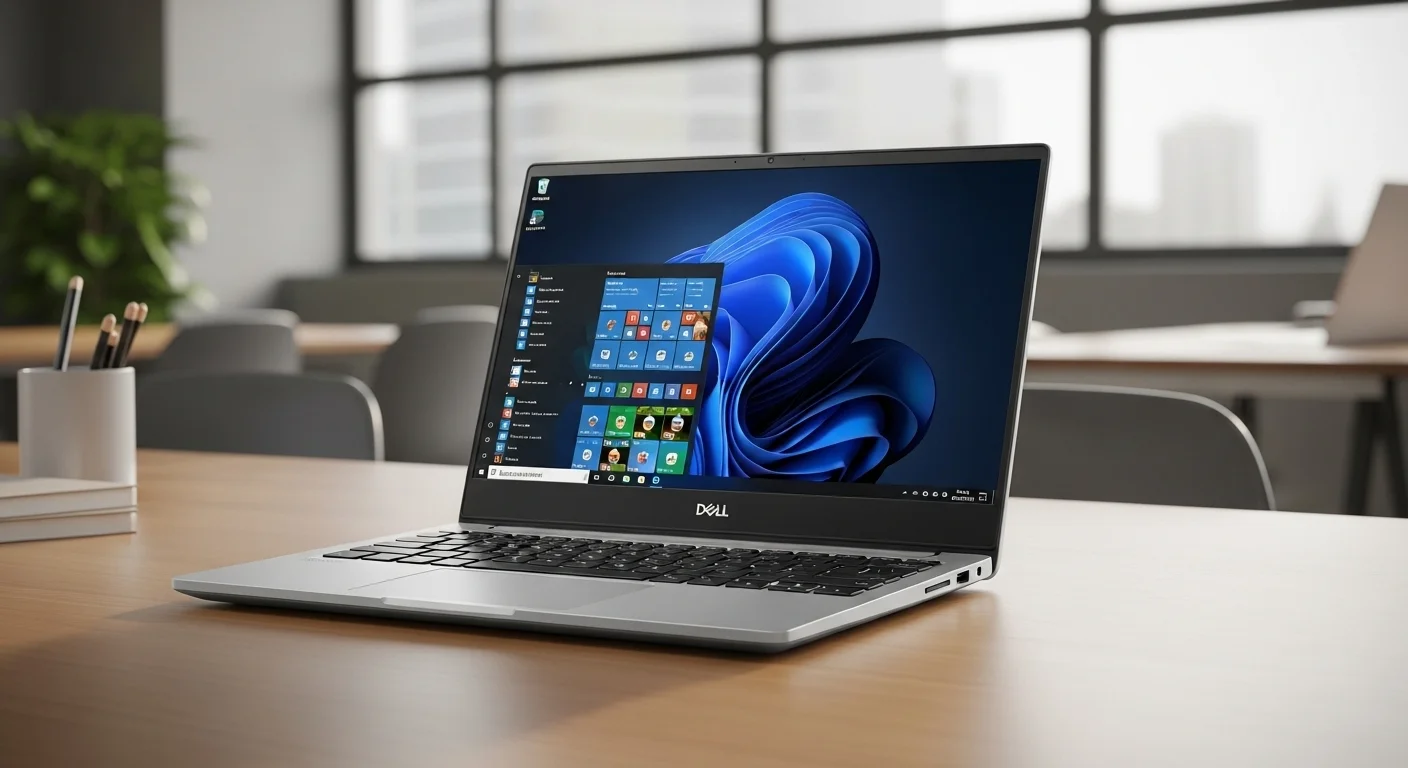 Una computadora portátil Dell Inspiron 5567 abierta, mostrando el teclado y la pantalla en un entorno de oficina moderno.