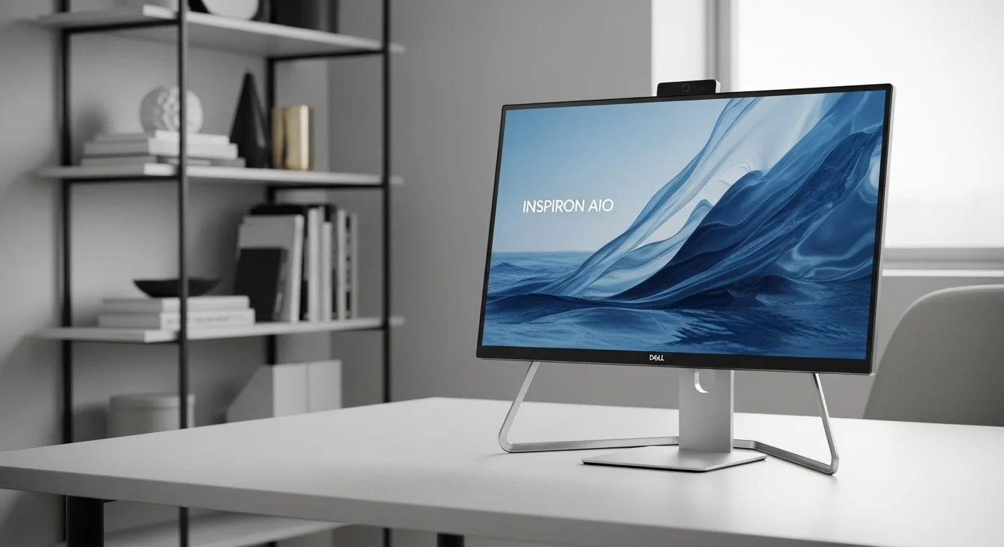 Una computadora Dell Inspiron AIO en un escritorio moderno, mostrando su pantalla con biseles delgados y su elegante diseño todo en uno.