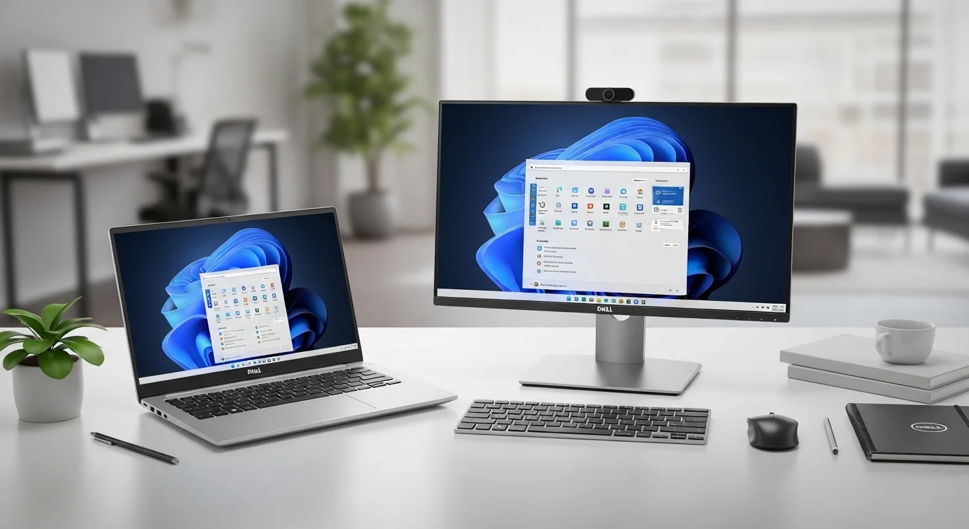 Una computadora portátil Dell Inspiron mostrada junto a un monitor y accesorios de oficina, representando la versatilidad de la tecnología Dell.