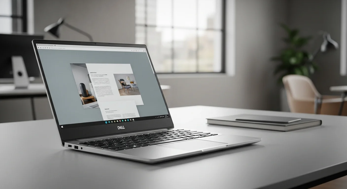 Una computadora portátil Dell Inspiron 15 abierta mostrando su pantalla y teclado en un entorno de oficina moderno, simbolizando la tecnología y la productividad.