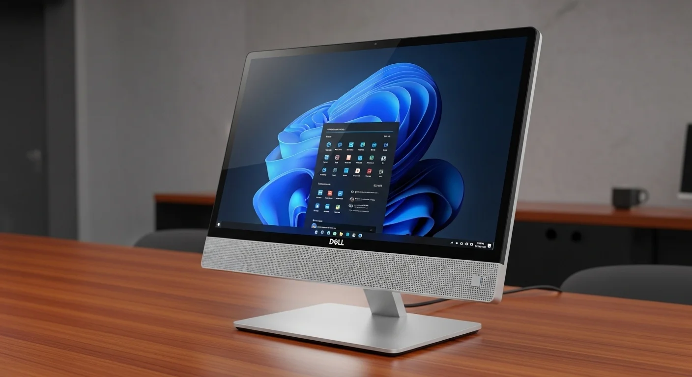 Una computadora de escritorio Dell Inspiron One sobre una mesa de madera, mostrando su diseño todo en uno y su pantalla brillante.