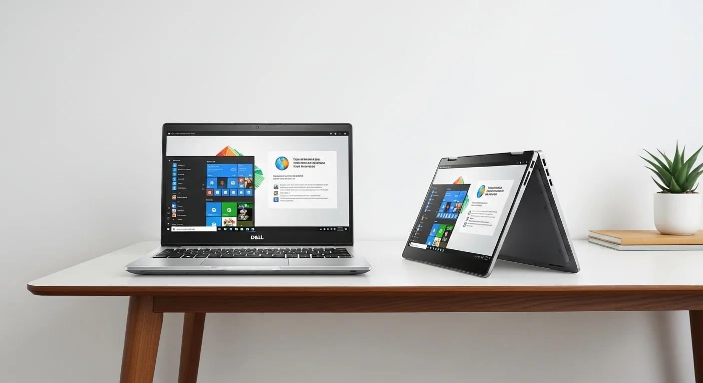 Una computadora Dell Latitude 5290 y un Dell Latitude 5290 2 in 1 sobre un escritorio moderno, mostrando su versatilidad para el trabajo.