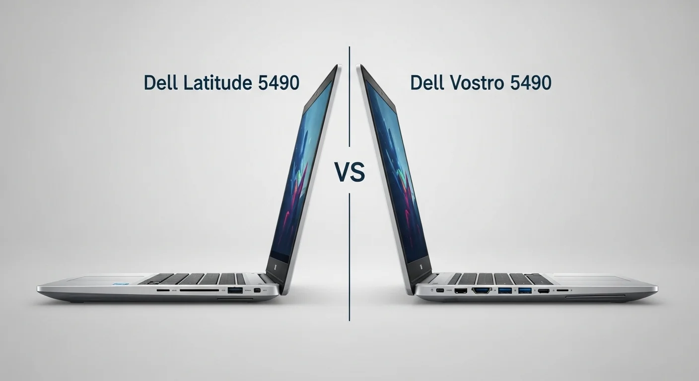 Comparativa de las computadoras Dell Latitude 5490 y Dell Vostro 5490 mostrando sus diferencias de diseño y puertos.