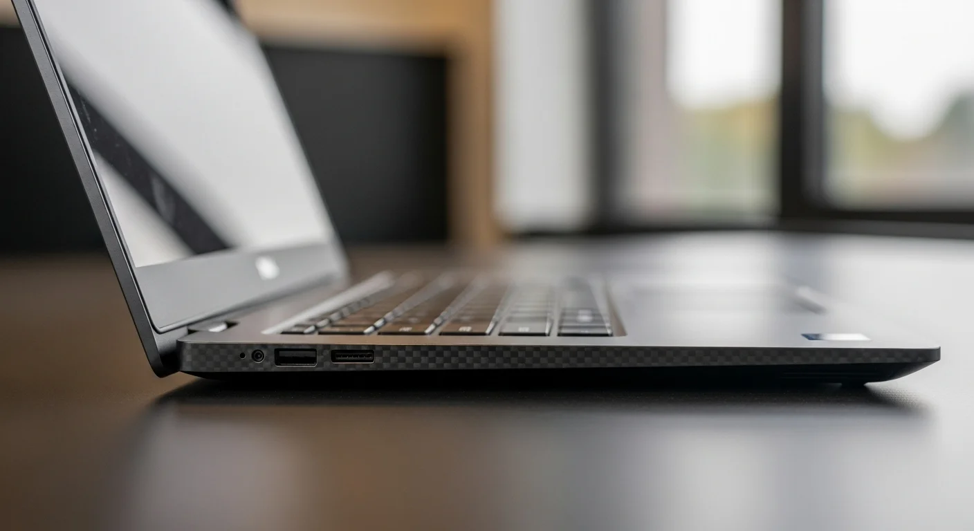 Primer plano de la computadora ultraligera Dell Latitude 7330, destacando su chasis de fibra de carbono y su delgadez.