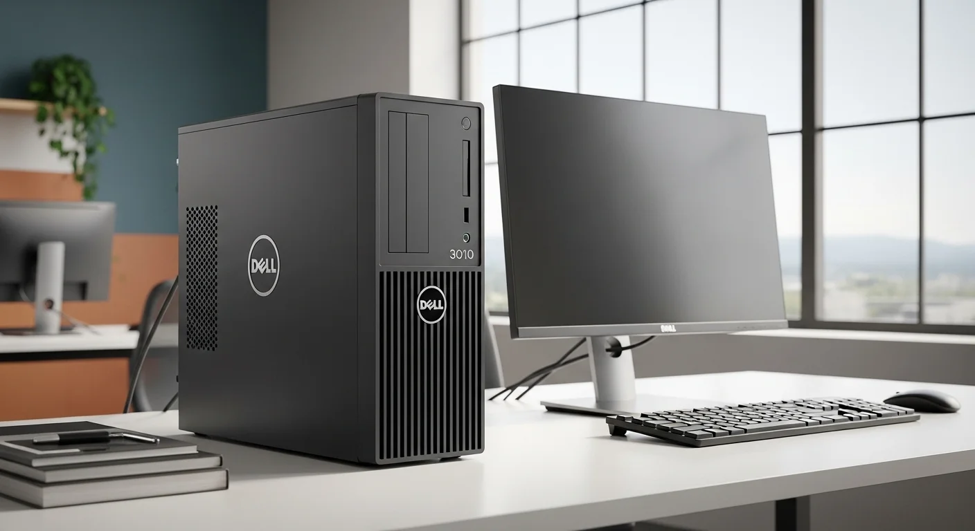 Una computadora de escritorio Dell OptiPlex 3010 en un entorno de oficina moderno junto a un monitor y teclado.