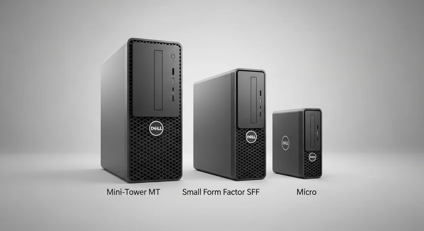 Familia de computadoras de escritorio Dell Optiplex 3020 en sus tres formatos: Mini-Torre (MT), Factor de Forma Pequeño (SFF) y Micro, sobre un fondo neutro.