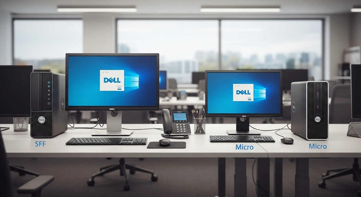 Familia de computadoras Dell OptiPlex 3050, mostrando los modelos SFF y Micro en un entorno de oficina moderno