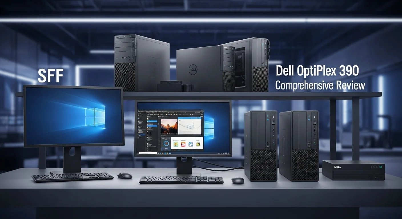 Varias computadoras Dell OptiPlex 390 en sus formatos SFF y Mini-Tower, mostrando su diseño robusto para oficinas.