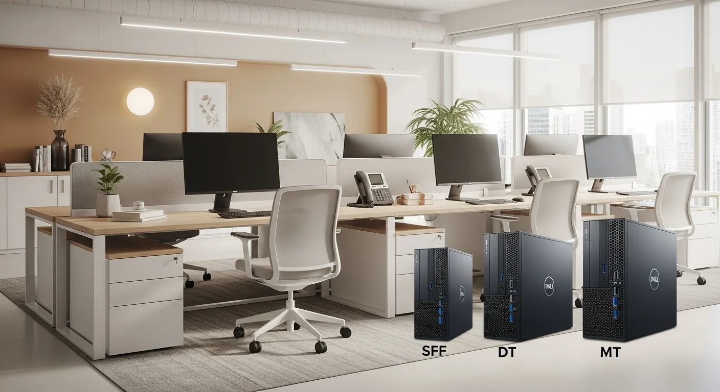 Varias computadoras Dell Optiplex 7010 en un entorno de oficina moderno, mostrando los diferentes tamaños de chasis como SFF, DT y MT.