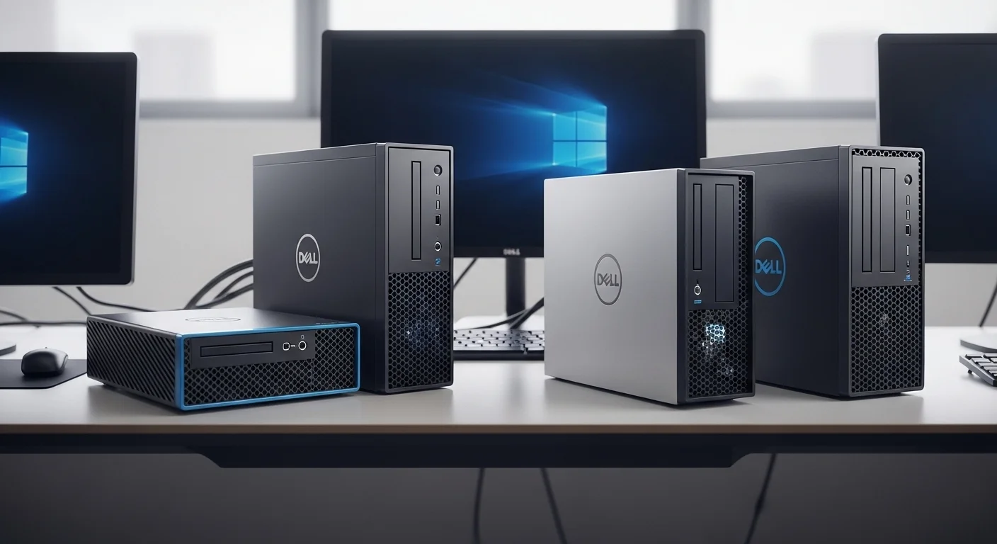 Varias computadoras Dell Optiplex 7040 en formatos SFF y Micro sobre un escritorio moderno de oficina, mostrando su versatilidad.