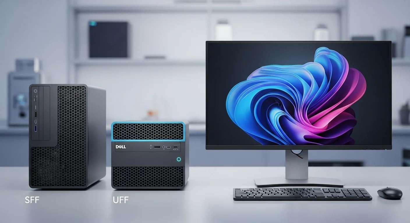 Familia de computadoras Dell OptiPlex 7090, mostrando lado a lado el modelo compacto SFF y el innovador módulo UFF junto a un monitor.