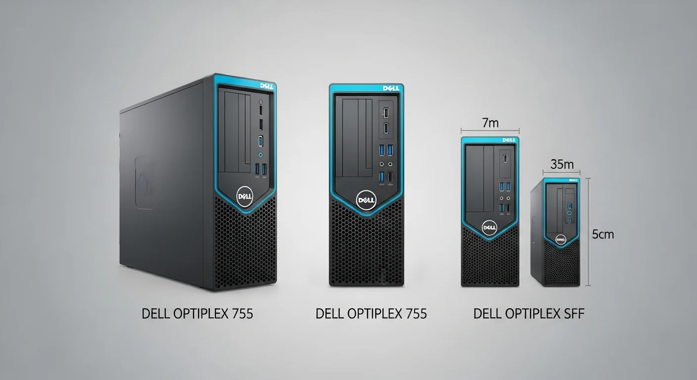 Una imagen mostrando los diferentes factores de forma de las computadoras Dell Optiplex 755, incluyendo la torre, escritorio y SFF.