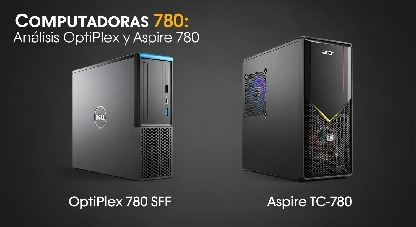 Una imagen comparativa mostrando una computadora de oficina Dell OptiPlex 780 SFF junto a una torre de consumo Acer Aspire TC-780, representando la tecnología de computadoras 780.